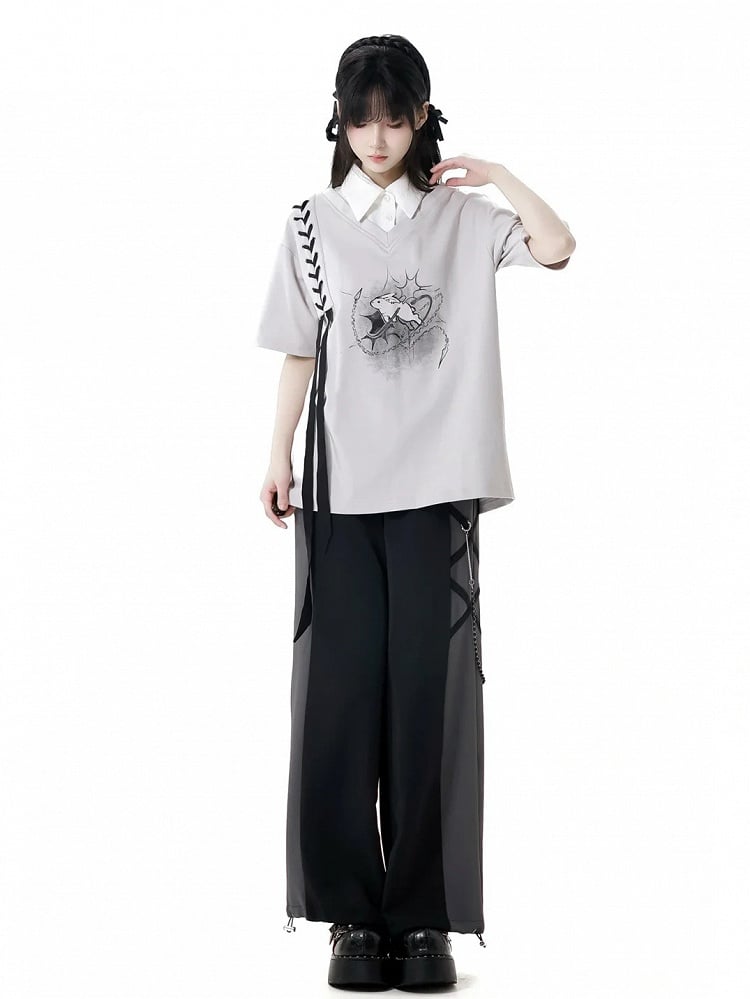 Clearance-Size S for Bust 110CM Gray Bunny Print Faux Two-pieces T-Shirt