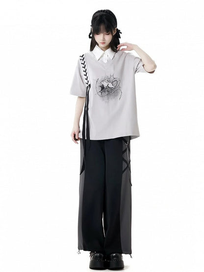 Clearance-Size S for Bust 110CM Gray Bunny Print Faux Two-pieces T-Shirt