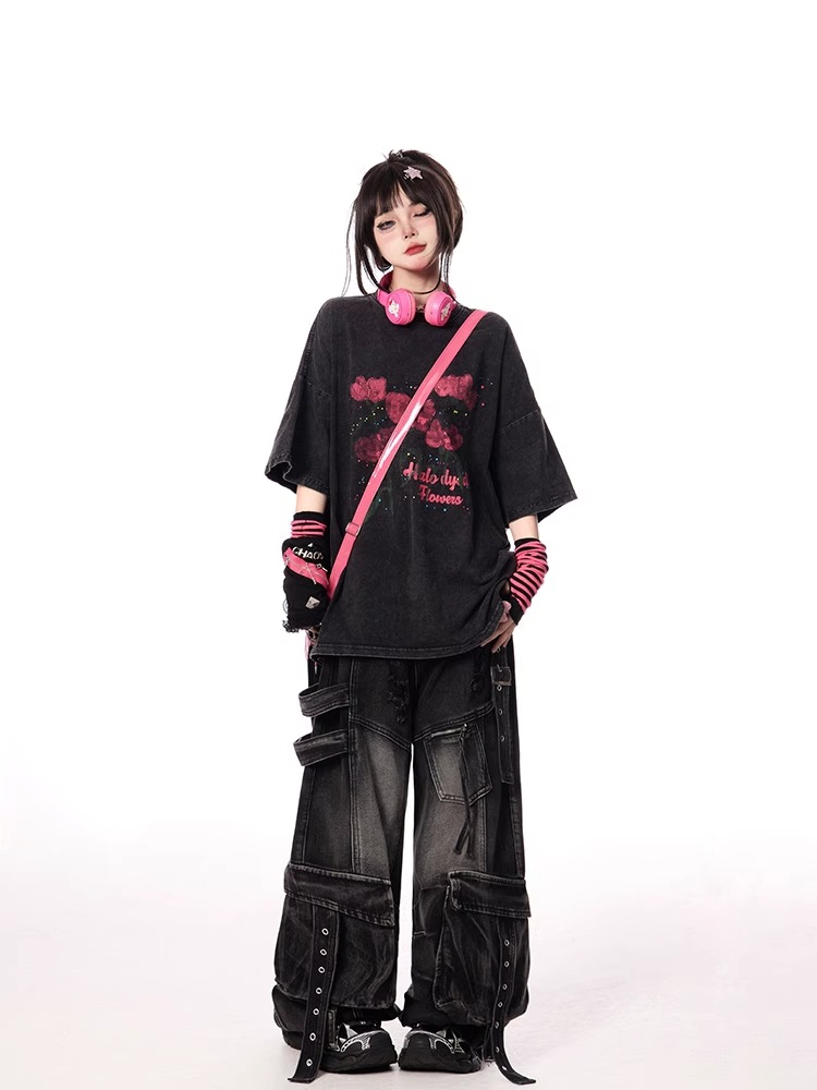 Red Rose Print Black Faded Wash Distressed Oversize T-shirt