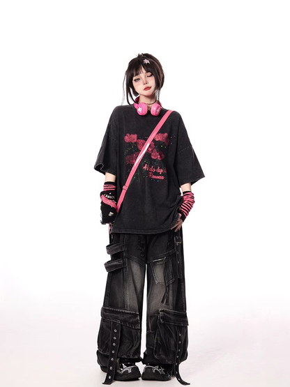 Red Rose Print Black Faded Wash Distressed Oversize T-shirt