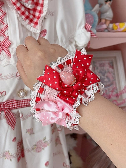 3 Color Options Strawberry Charm Polka-dot Bowknot Details Lace Trim Plaid Pattern Wrist Cuffs