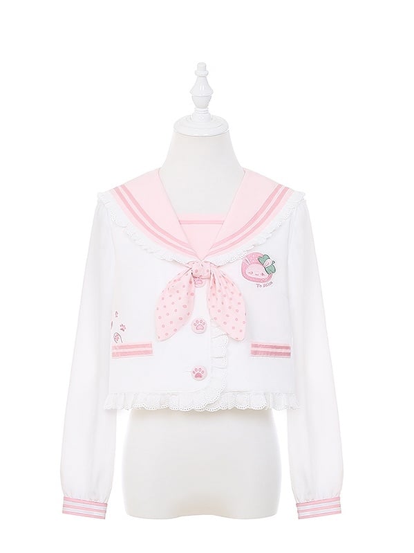 Ruffled Sailor Collar Bunny Ears Design Back Light Pink/Wine Red JK Uniform Top