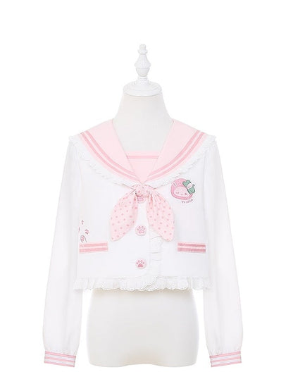 Ruffled Sailor Collar Bunny Ears Design Back Light Pink/Wine Red JK Uniform Top
