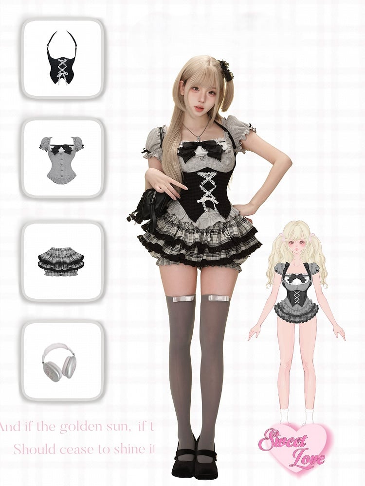 Black Plaid Lace-Up Halter Corset Top