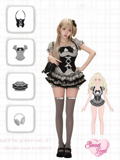 Gray Square Neck Knit Top with Short Puff Sleeves and Bow Accent