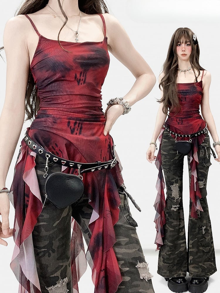 Wine Red Tie Dye Design Cascading Ruffle Accents Asymmetrical Hem Cami Top