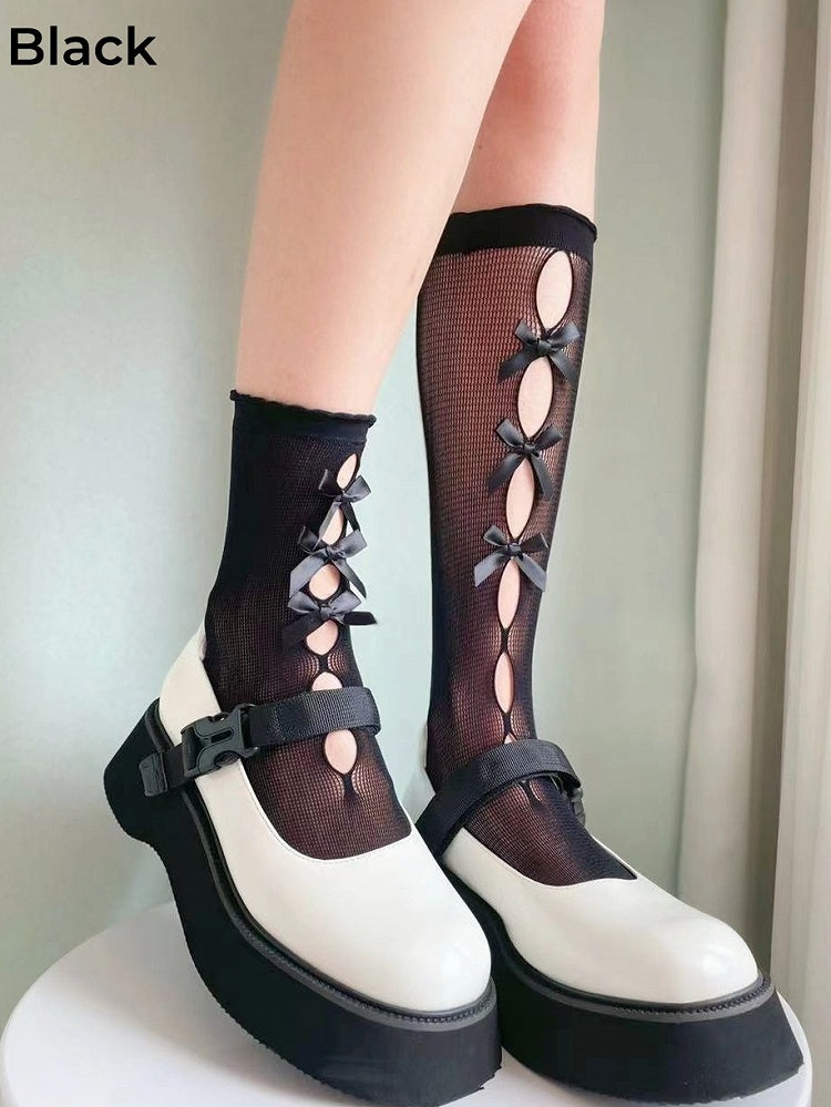 6 Colors Bowknots Cutout Lolita Calf Socks