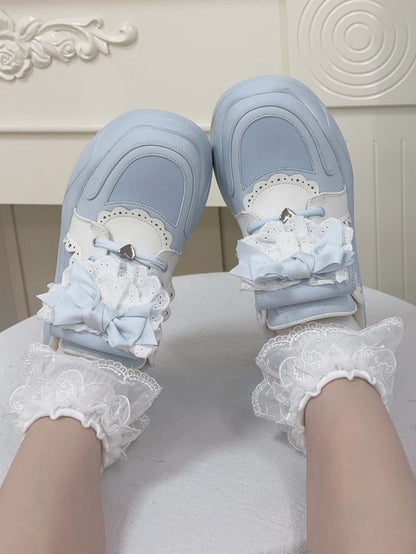 Blue Jirai Kei Detachable Bowknot Lace Trim Front Lace-up Ties Sneakers