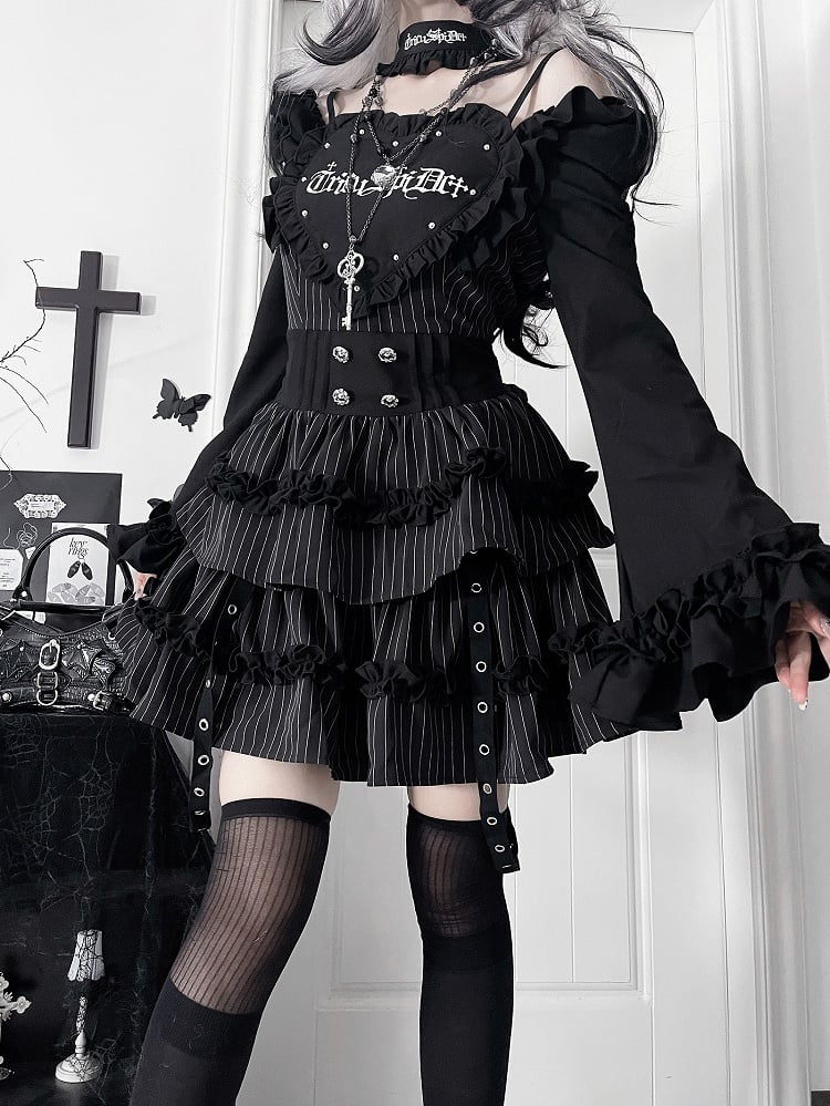 Black Gothic Off-the-shoulder Neckline Letter Print Striped Pattern Bell Sleeves Dress