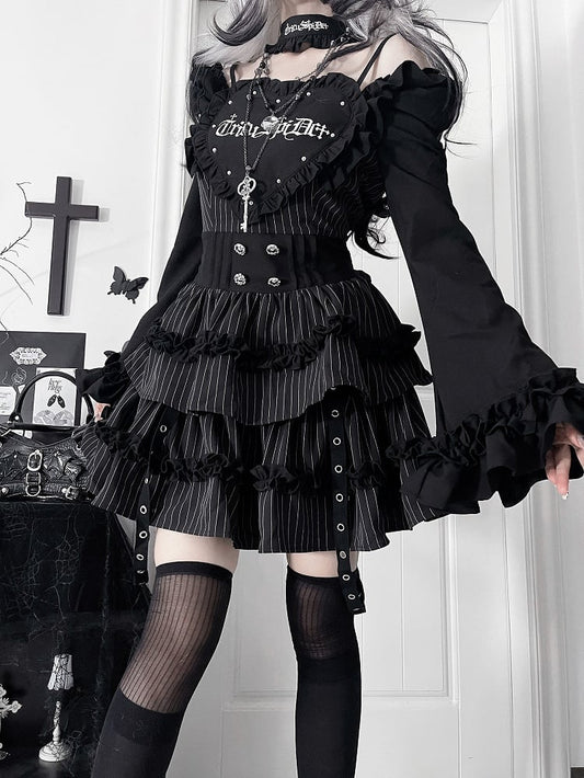 Black Gothic Off-the-shoulder Neckline Letter Print Striped Pattern Bell Sleeves Dress