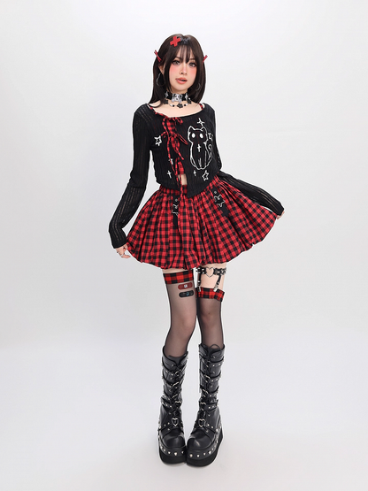 Y2K Star Buckles Black & Red / Black & Gray Plaid Bubble Skirt