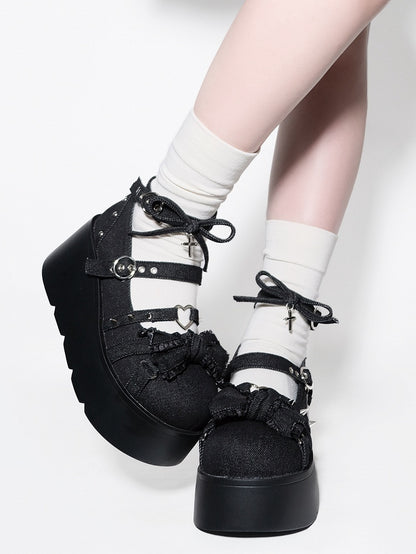 Spike Studs Bow Accents Black Cross Gothic Platforms Punk Shoes
