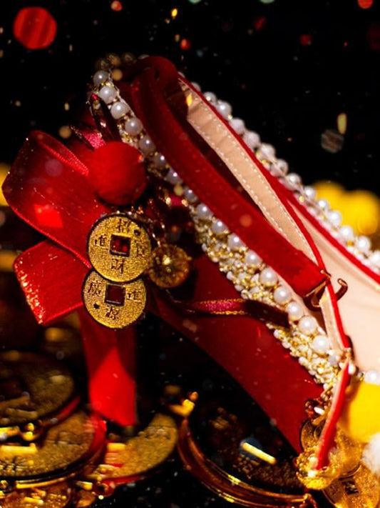 Red Beaded Decorated Knotted Bow Accent Cheongsam Style 5CM/8CM High Heels