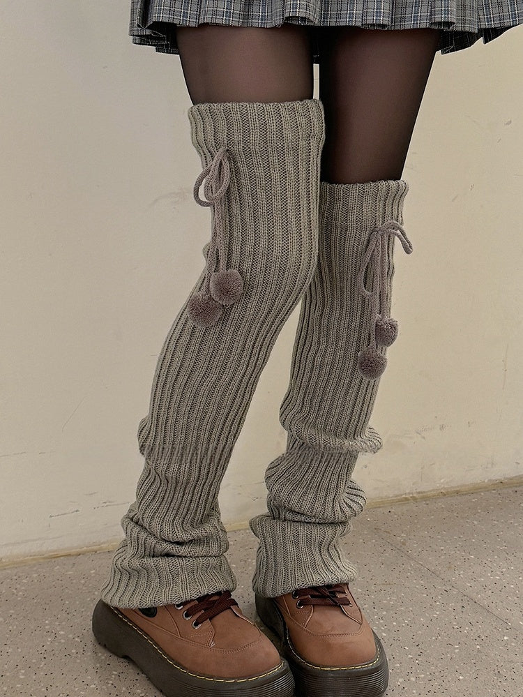 White/Beige/Light Grey/Black 50CM/70CM/90CM Knitted Leg Warmers With Pompons