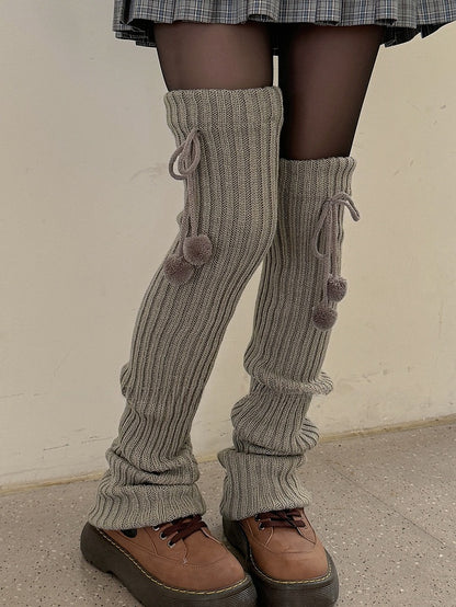 White/Beige/Light Grey/Black 50CM/70CM/90CM Knitted Leg Warmers With Pompons