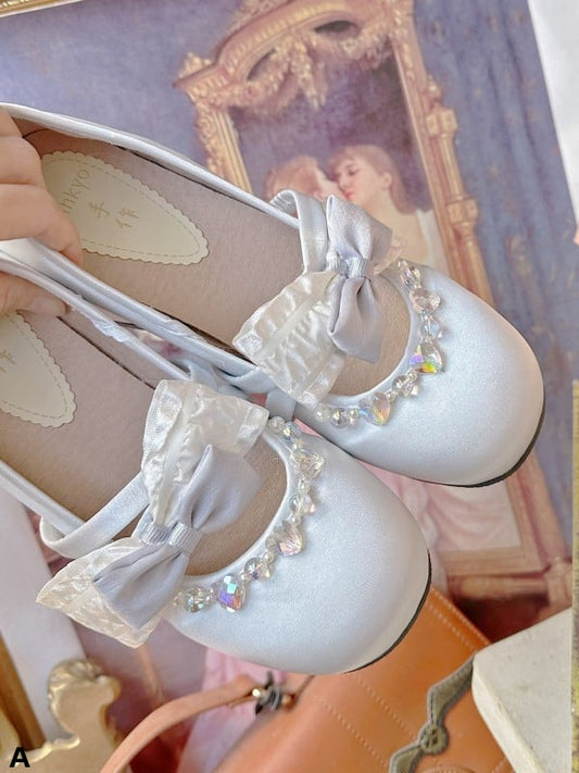 Bow Accents Light Grey Rhinestones Embellished Mary Janes