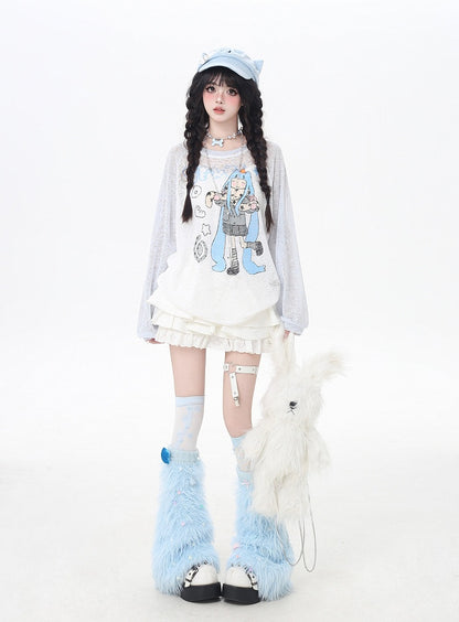 Cartoon Girl Print Black/Pink/Blue Colorblock Design Semi-sheer Coverup