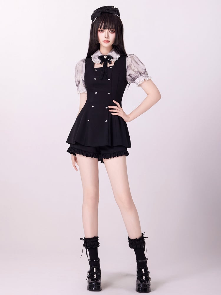 Jirai Kei Three Pieces Set Short Puff Sleeves Top Black Shorts and Grey Floral Print Cape