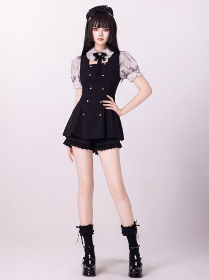 Jirai Kei Three Pieces Set Short Puff Sleeves Top Black Shorts and Grey Floral Print Cape