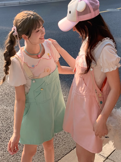 Candy Color Pink/Mint Green Denim Overall Shorts