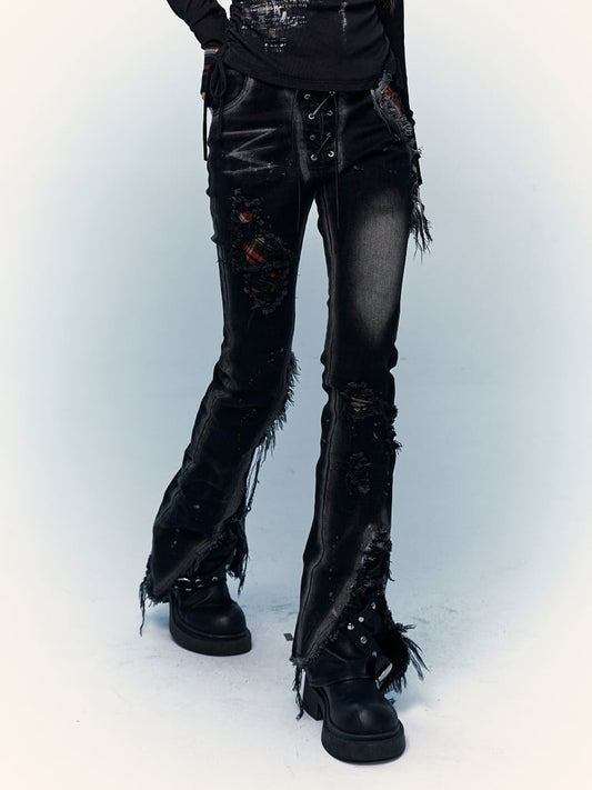 Black Split Cuffs Distressed Flared Jeans with Lace-up Design