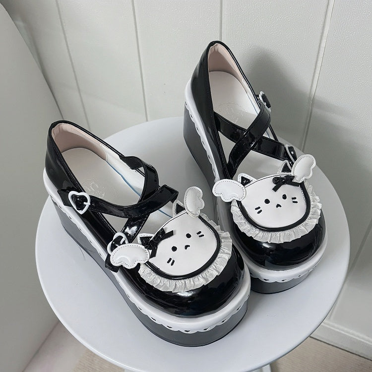 Black Round Toe Kitty Angel Heart Buckle Platform Lolita Shoes