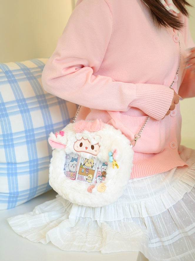 White Bowknot Decorated Cute Plush Lamb Crossbody Ita Bag