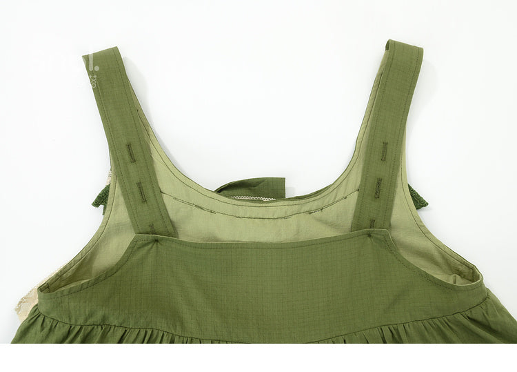 Green Ruffle Hem Sweet Overall Dress with Detachable Bowknot