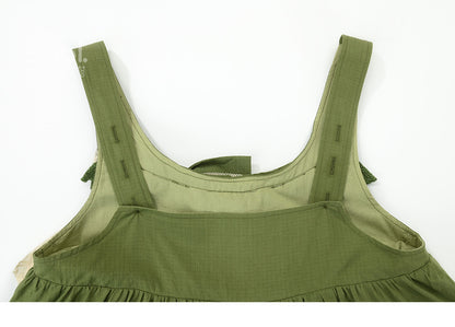 Green Ruffle Hem Sweet Overall Dress with Detachable Bowknot