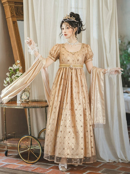 Allover Beaded Design Champagne Diamond Pattern Empire Waist Elegant Lolita One Piece Long/Short Version