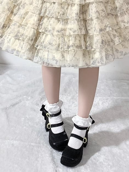 Black Detachable Bowknot Lily of the Valley Embroidery Middle Heels Mary Janes