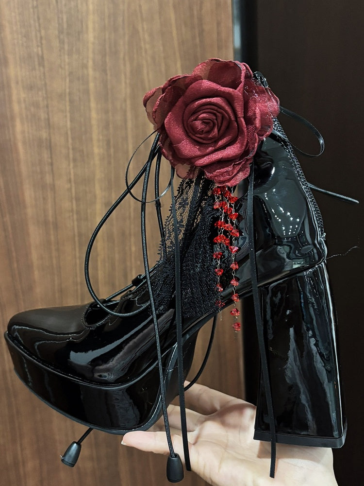 PU Gothic Polished Black High Block Heel Mary Janes - Black/Red Flower Shoe Clips, Back Zipper & Crisscross Design
