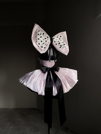 Pink Satin Sweet Lolita Dress with Polka Dot Off-the-Shoulder Detail and Large Bow