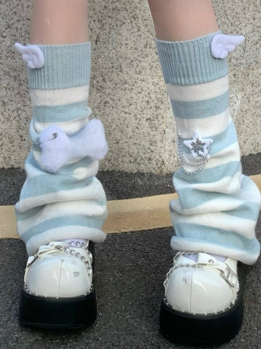 Blue/Black Striped Pattern Wings Leg Warmers with Bone Plushie