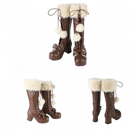 Cozy Fur Cuff, Delicate Bows & Playful Pompoms with Secure Dual Closure PU Brown Mid-heel Boots in Sweet Lolita