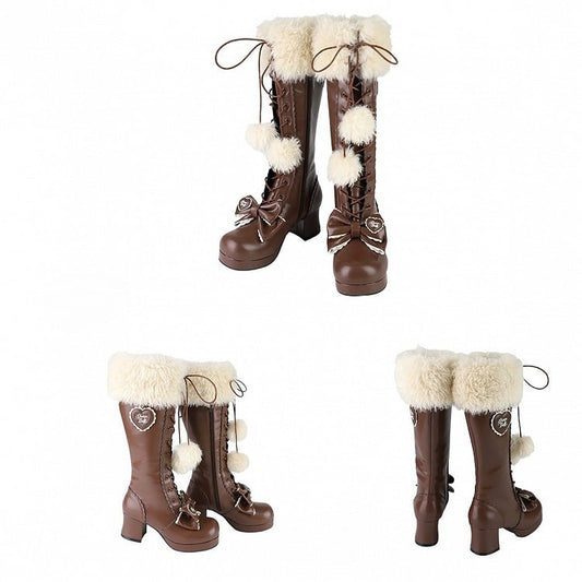Cozy Fur Cuff, Delicate Bows & Playful Pompoms with Secure Dual Closure PU Brown Mid-heel Boots in Sweet Lolita