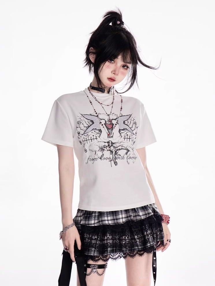 White Crew Neck Y2K Print Vintage Slim-fitting T-shirt
