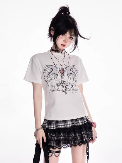White Crew Neck Y2K Print Vintage Slim-fitting T-shirt