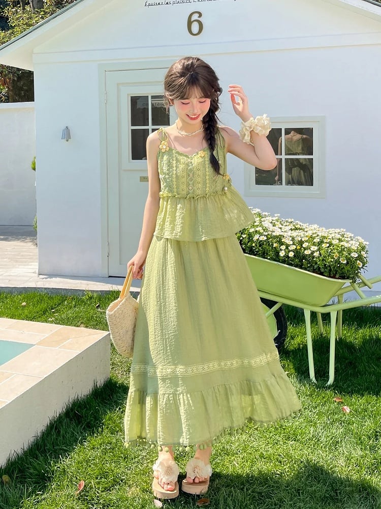 Mori Kei Green Pompon Tassel Hem Lace Trim A-line Skirt