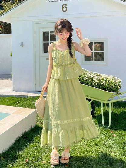 Mori Kei Green Pompon Tassel Hem Lace Trim A-line Skirt