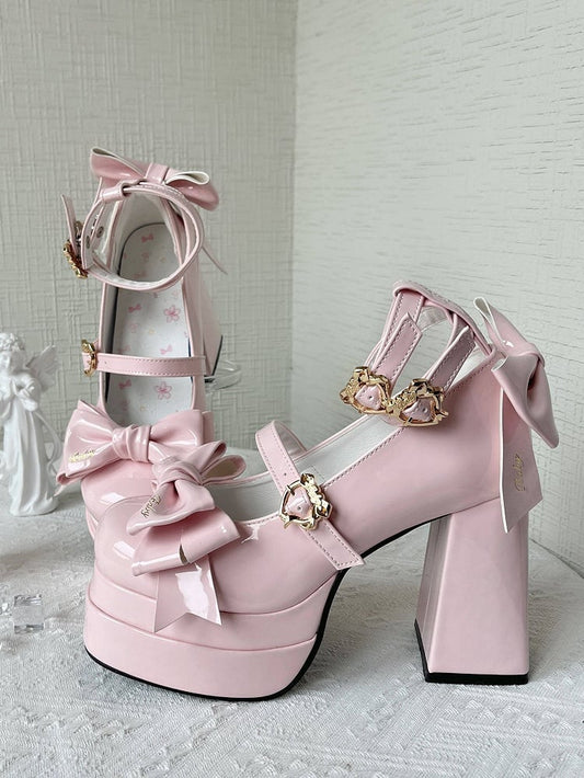 Pink Bow Accents High Block Heel Platform High Heels
