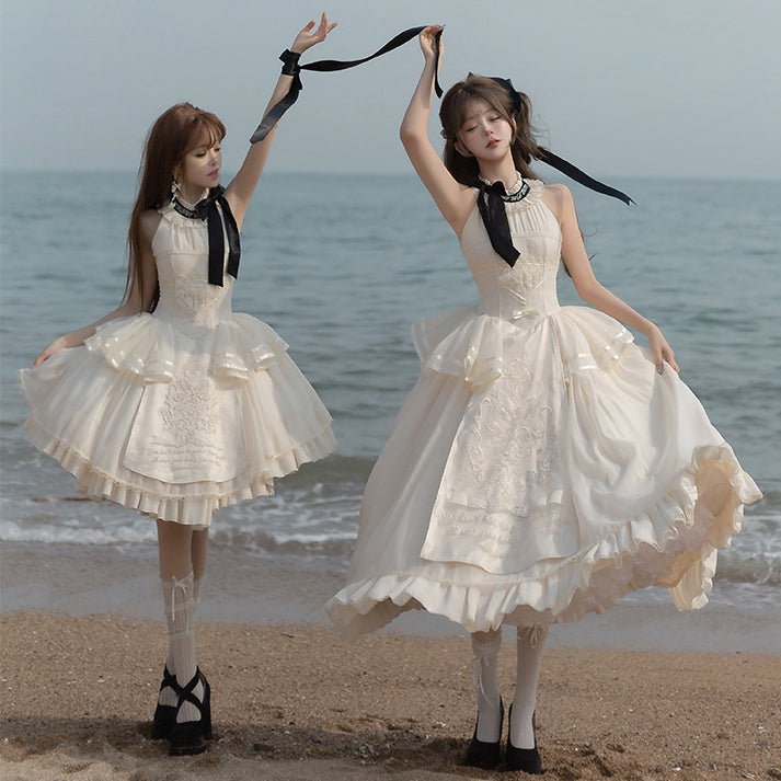 Creamy Delicate Embroidery Detail Classic Lolita Backless Halter Neck Dress