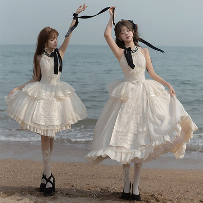 Creamy Delicate Embroidery Detail Classic Lolita Backless Halter Neck Dress