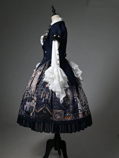 Dark Blue Blazer Collar Short Puff Sleeves Split-Tail Top