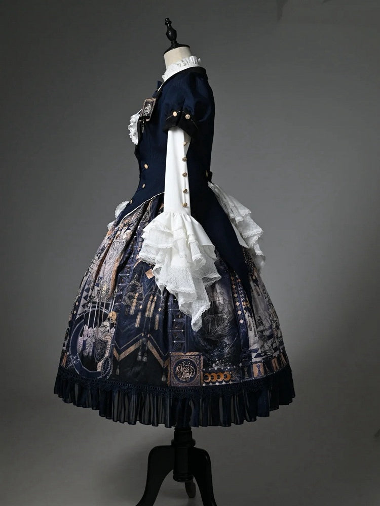 Dark Blue Blazer Collar Short Puff Sleeves Split-Tail Top