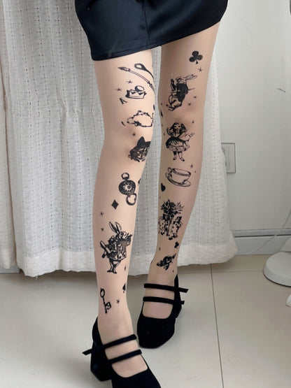 Nude Alice In Wonderland Vibes Tights With Clock And Bunny Print