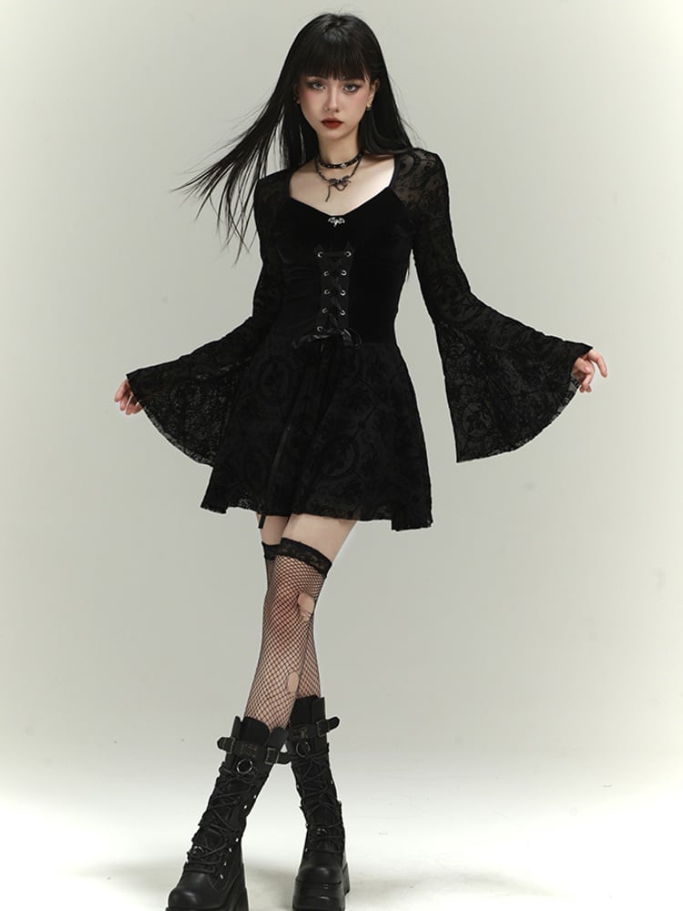 Gothic Black Lace Bell Sleeves Thigh-length Dress with Lace-up Detail at Waist