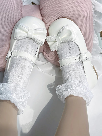 Ruffles Trim, Heart Buckle & Charming Bow Decor White Low-heel Mary Jane Shoes in Sweet Lolita