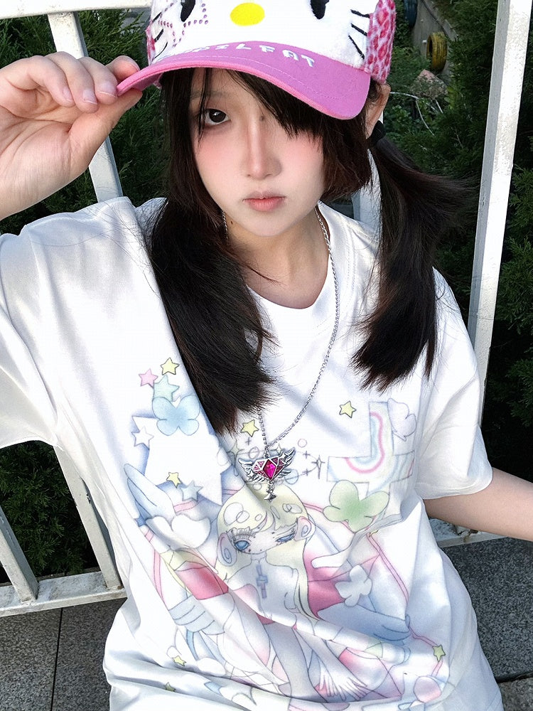 Anime Girl Print White Round Neck Loose Cotton T-shirt
