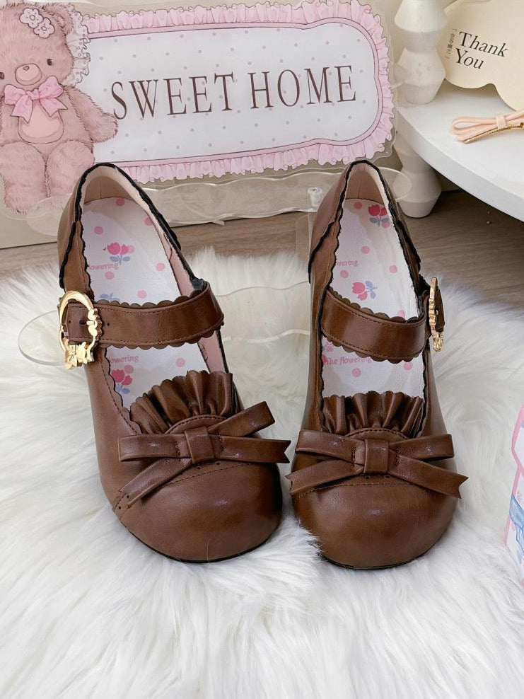 Brown Sweet Lolita Mid-heel Mary Janes - Round ToeDesign with Bow, Ruffle Details & Scalloped Fastener